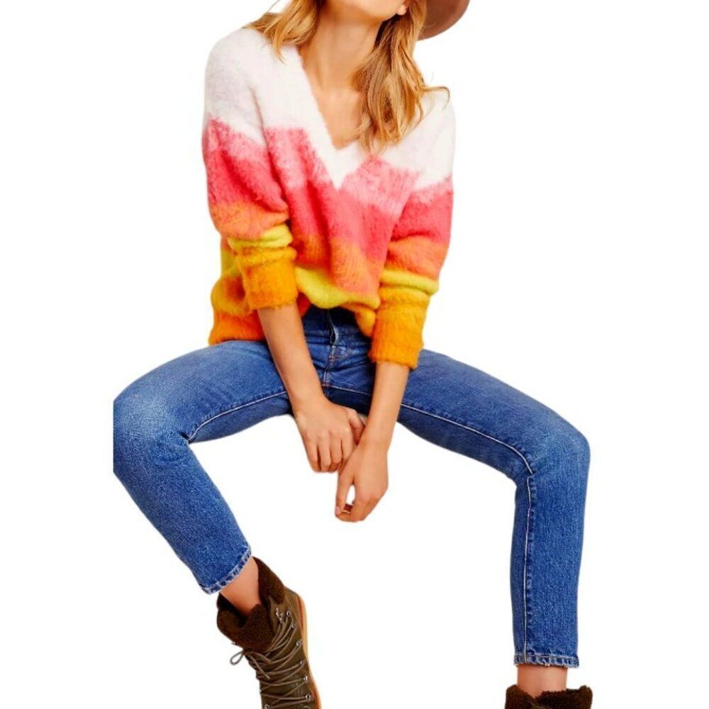 Anthropologie Women's Simone Striped Pullover Sweater Pink Orange Multi V Neck M